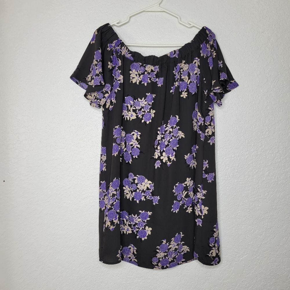 19 Cooper Size Large Purple Black Floral Off the Shoulder Shift Mini Dress - Picture 2 of 7